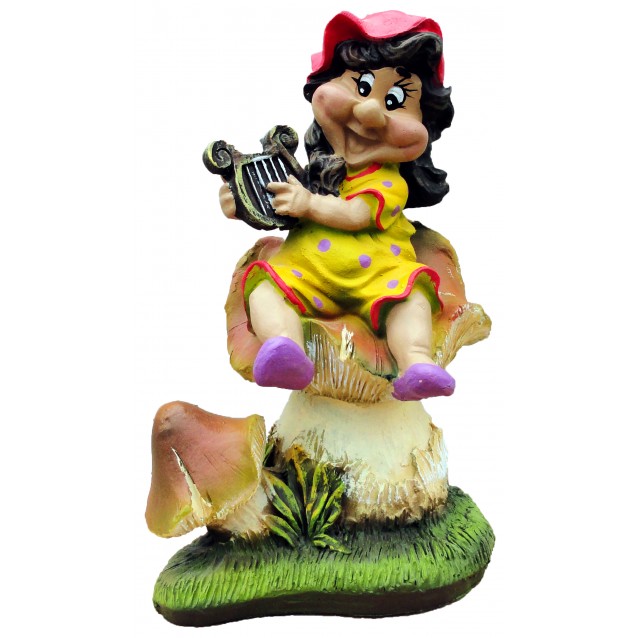 Скульптура «Гном-девочка на грибочке с гуслями»
