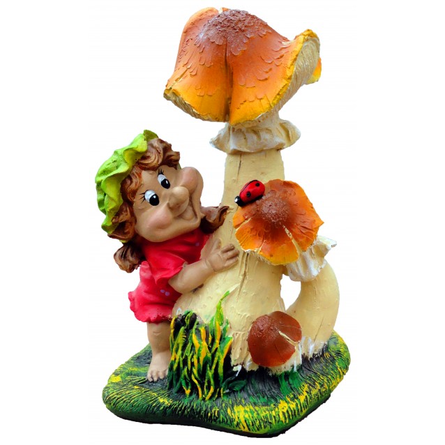 Скульптура «Гном-девочка под грибочком с божьей коровкой»